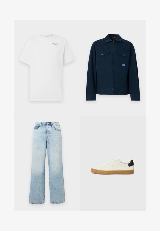 Marineblauwe jas met een rits aan de voorkant, twee borstzakken met knopen en een klein rechthoekig label op de linkerzak.; Witte katoenen t-shirt met korte mouwen en ronde hals, voorzien van een zwart "Pompeii" logo op de linkerborst. Zachte, gladde textuur.; Lichtblauwe high-waist spijkerbroek met knopen- en ritssluiting, voorzakken en een wijde pijpvorm.; Witte canvas sneaker met een gum rubberen zool, zwart accent op de hiel, ronde neus en vetersluiting. Bevat het merlogo in goud aan de zijkant.