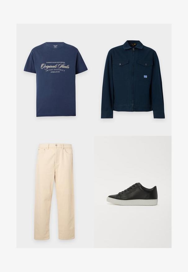 Marineblå jakke med lynlås foran, to brystlommer med knapper og et lille rektangulært mærke på den venstre lomme.; Marineblå bomulds T-shirt med korte ærmer, prydet med hvid tekst, der siger "Tøj lavet til Everyday Originals Studio Artist District."; Beige jeans med lige ben, lukkes med knap og lynlås, bæltestropper og forlommer på ensfarvet baggrund.; Sorte lædersneakers med rund tå, flad hvid gummisål og seks huller til snørebånd. Glat overflade, minimalistisk stil.