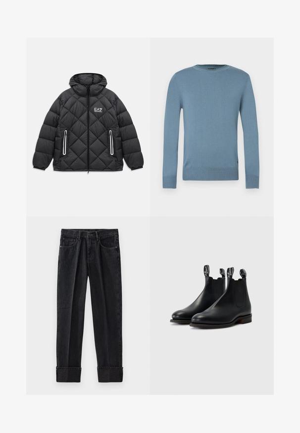 Schwarze gesteppte Jacke mit Kapuze, frontaler Reißverschluss, zwei mit Reißverschluss gesicherte Taschen mit reflektierenden Streifen und EA7 Emporio Armani Logo auf der Brust.; Hellblauer Pullover aus glatt gestricktem Stoff mit langen Ärmeln, geripptem Halsausschnitt und Saum. Verfügt über ein schlichtes Design ohne Muster.; Schwarze Denim-Jeans mit eingeräumter Passform, mit umgeschlagenen Säumen und geprägt Branding am Saum. Klassisches Fünf-Taschen-Design mit kontrastierenden Nähten.; Schwarze Leder-Chelsea-Stiefel mit elastischen Seitenbesätzen, kontrastierenden Nähten und Ziehschlaufen mit Markenlogo. Flache Gummisohlen.