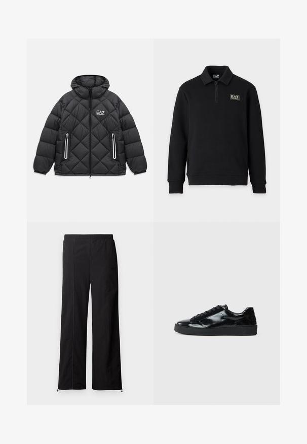 Sort quiltet jakke med hætte, frontlynlås, to lynlåslommer med reflekterende kanter, og EA7 Emporio Armani logo på brystet.; Sort langærmet pullover med kort lynlås foran, ribstrikkede manchetter og EA7 Emporio Armani-logo på venstre bryst og kraveetiket.; Sorte bredde-bukser med en glat tekstur, elastisk talje og snøre-lukninger ved anklerne. Har kontrasterende syning som detalje.; Sorte laklæder sneakers med rund tå, snørredesign, tekstureret gummisål og en glat overflade.