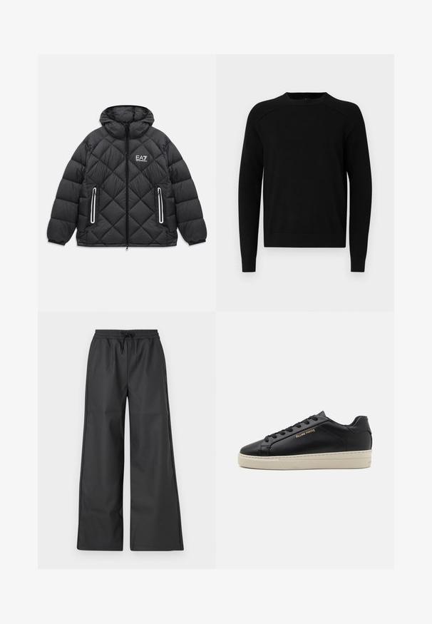 Chaqueta negra acolchada con capucha, cremallera frontal, dos bolsillos con cremallera con ribetes reflectantes y logo EA7 Emporio Armani en el pecho.; Suéter negro de punto con cuello redondo, detalle acanalado en los hombros y puños, y estilo de ajuste regular. Textura suave, sin patrones ni adornos.; Han Kjøbenhavn RELAXED TRACK TROUSERS - Pantalones - black; Zapatilla de cuero negra con un acabado suave, suela crema en contraste, puntera redonda, logo dorado en el lateral y seis ojales para los cordones.