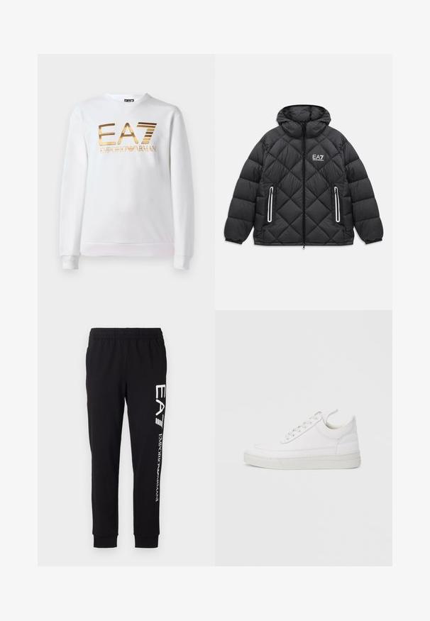 Mustmust nahkjakker, millel on kapuuts, ees luku, kaks lukuga taskut peegeldavate äärtega ja EA7 Emporio Armani logo rinnal.; Valge puuvillane dressipluus, millel on pika varruka ja ümmargune kaelus. Ees on metallik kuldne logo "EA7 EMPORIO ARMANI."; Mustad mustad, mis on valmistatud venivast kangast. Funktsioonideks on elastne vöökoht, kitsenevad varrukad ja valge bränding vasakul jalal.; Valge nahast tennisking ümarate varvastega, tasase tallaga ja eespaelaga. Omab õmbluste detaile ning pehmet ääreosa mugavuse tagamiseks.
