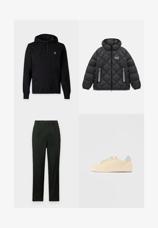 Veste matelassée noire avec capuche, fermeture éclair à l'avant, deux poches zippées avec des bordures réfléchissantes, et logo EA7 Emporio Armani sur la poitrine.; Sweat à capuche noir à enfiler avec poche kangourou à l'avant, cordon de serrage ajustable à la capuche et petit logo brodé coloré sur la poitrine gauche.; Pantalons noirs avec une coupe droite, devant plat et poches latérales. Fabriqués à partir d'un tissu texturé avec une finition lisse.; Baskets basses beige à lacets, semelle rose clair et languette grise à l'arrière marquée "Filling Pieces", vues de profil sur fond uni.