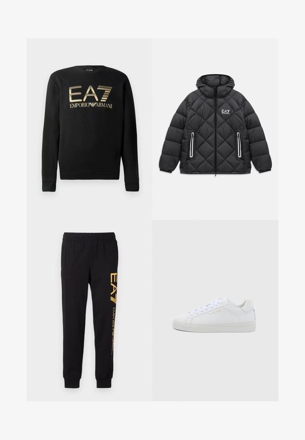 Mustmust nahkjakker, millel on kapuuts, ees luku, kaks lukuga taskut peegeldavate äärtega ja EA7 Emporio Armani logo rinnal.; Mustsa kapuutsita sviiter, millel on rinna peal kuldne EA7 Emporio Armani logo. Pehme kangas ribiga varrukate ja äärtega.; Mustad mustad, pehmest kangast, elastse vöökoha ja mansettidega. Vasakul säärel on vertikaalselt prinditud kollane bränd.; Valged nahast madala säärega tennised ümarate ninadega, tasase paeltega, tekstuurse tallaga ja peene kuldse brändinguga külje peal. Sile pind ja minimalistlik disain.