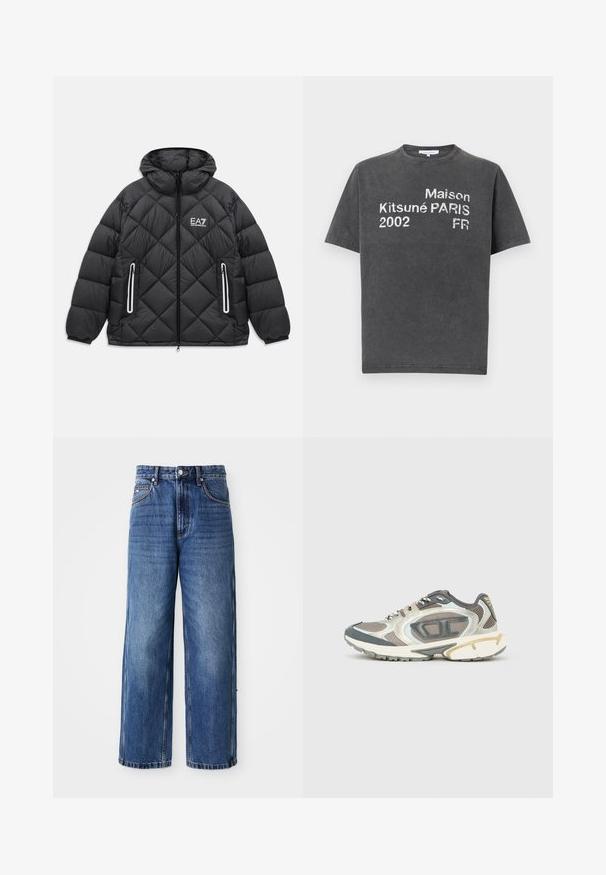 Čierna prešívaná bunda s kapucňou, predným zipsom, dvoma zipsovými vreckami s reflexnými detailmi a logom EA7 Emporio Armani na hrudi.; Krátke tričko tmavosivá farba s bielym potlačeným nápisom: "Maison Kitsuné PARIS 2002 FR" na prednej strane, okrúhly výstrih, ležérny štýl.; Modré jeans s širokými nohavicami a vysokým pásom, viditeľným šitím, predným zapínaním na gombík a voľným strihom, s vyblednutým umývaním a bočnými vreckami.; Športové topánky v sivých, bielych a béžových odtieňoch s vrchnou časťou z textílie, hrubou podrážkou a textúrovanými detailmi. Reflexné prvky na stranách.