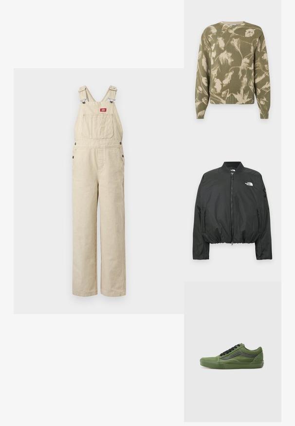 Chaqueta bomber negra con cierre de cremallera, cuello acanalado y dobladillo elástico. Presenta un logo en el pecho y bolsillos laterales con cremallera. Material liso y ligero.; Overol de mezclilla beige con rayas blancas, con tirantes ajustables, bolsillo frontal en el pecho, botones laterales y piernas rectas y sueltas.; Suéter de punto en verde olivo con un patrón de hojas en color crema. Con dobladillo y puños acanalados, cuello redondo y corte relajado. Diseño de tela texturizada.; Zapatillas de lona verdes con cordones negros y una franja lateral. Presentan una punta redondeada, suela de goma y costuras blancas en contraste. Diseño clásico de zapatilla.
