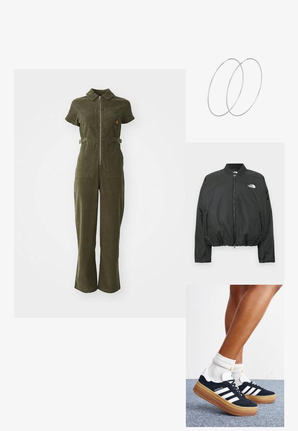 Sort bomberjakke med lynlås, ribbet krave og elastisk kant. Med logo på brystet og sidelommer med lynlås. Glat, let materiale.; Olivengrøn kordfløjl jumpsuit med lynlås foran, korte ærmer, to brystlommer og justerbare sidebånd. Bukser med flared ben.; Ben iført hvide sokker og sorte Adidas Gazelle sneakers med hvide striber og tykke brune såler på et gråt tæppe.; Sølvøreringe med et minimalistisk design. Cirkulær form, glat tekstur og tynd profil. Letvægtige med en poleret overflade.
