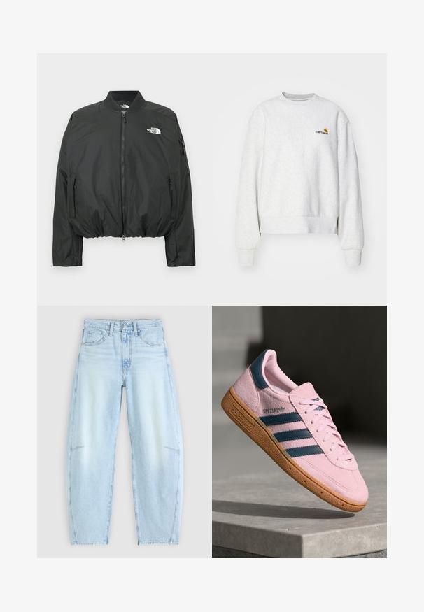Chaqueta bomber negra con cierre de cremallera, cuello acanalado y dobladillo elástico. Presenta un logo en el pecho y bolsillos laterales con cremallera. Material liso y ligero.; Sudadera gris de cuello redondo en una tela suave con puños y dobladillo de punto; presenta un logo bordado en el pecho en amarillo y burdeos.; Jeans de mezclilla azul claro con un ajuste relajado, que presentan una cintura alta, diseño de cinco bolsillos y un ligero desvanecimiento con detalles de dobladillo deshilachado.; Zapatilla deportiva de ante rosa claro con tres franjas azul marino, suela de goma y cordones rosa claro. Presenta la marca "SPEZIAL" en el lateral.