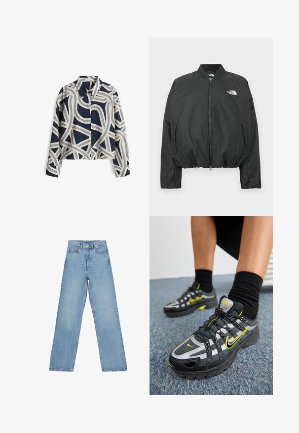 Zwarte bomberjack met ritssluiting, geribbelde kraag en elastische zoom. Voorzien van een logo op de borst en zijzakken met rits. Glad, lichtgewicht materiaal.; Marineblauw en crème gestreept shirt met lange mouwen, kraaghalslijn en abstract lijnontwerp; katoenmix stof, relaxed fit.; Lichtblauwe denim jeans met een hoge taille, rechte pijpen, voorzien van vijf zakken en een knoopsluiting. Geen zichtbare patronen.; Zwarte en grijze sport schoenen met reflecterende zilveren accenten, gestructureerde meshpanelen en felgele details. Vetersluiting met een gestructureerde zool.