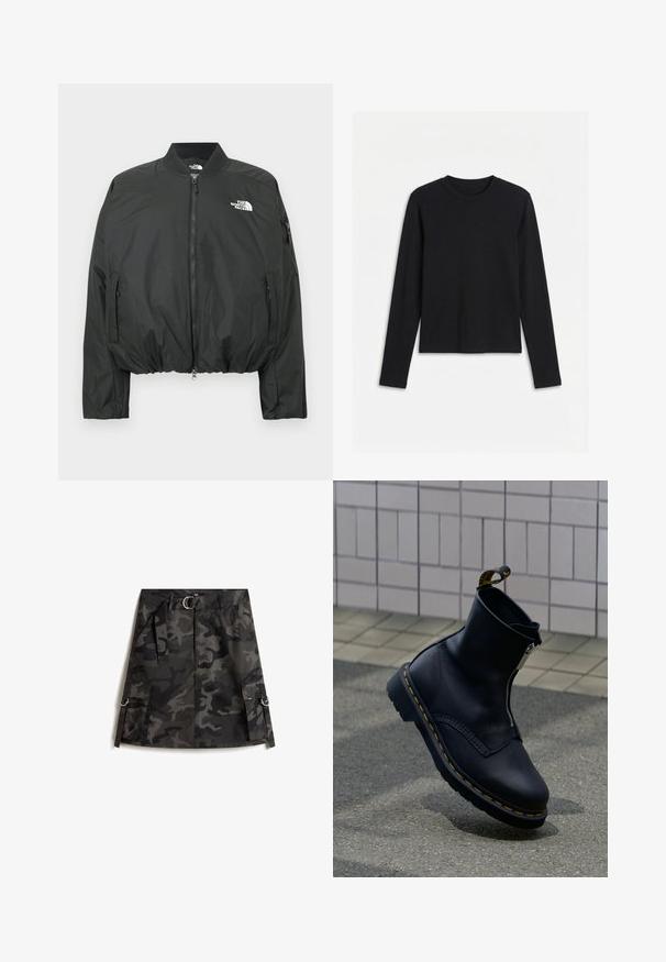 Zwarte bomberjack met ritssluiting, geribbelde kraag en elastische zoom. Voorzien van een logo op de borst en zijzakken met rits. Glad, lichtgewicht materiaal.; Zwart, effen, nauwsluitend shirt met lange mouwen en ronde hals, afgebeeld tegen een witte achtergrond.; Camo rok in donkergrijs en zwart, met een voorkleur rits, een riem met een zilveren gesp en twee cargozakken met ringen.; Zwarte leren enkellaars met een ritssluiting aan de zijkant, een gestructureerd oppervlak, geel stikselaccent en een rubberen zool.