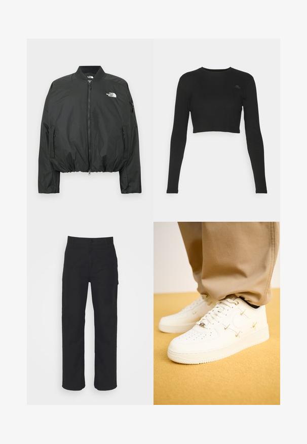Zwarte bomberjack met ritssluiting, geribbelde kraag en elastische zoom. Voorzien van een logo op de borst en zijzakken met rits. Glad, lichtgewicht materiaal.; Zwarte cropped longsleeve top van ribmateriaal, met een ronde halslijn en een klein merklabel op de borst.; Zwarte katoenen broek met een rechte pasvorm, knoopsluiting en riemlussen. Heeft een klassiek ontwerp zonder zichtbare zakken.; Witte leren sneakers met geperforeerde neus, gouden accenten en platte veters, gecombineerd met beige broek op een gestructureerde gele ondergrond.