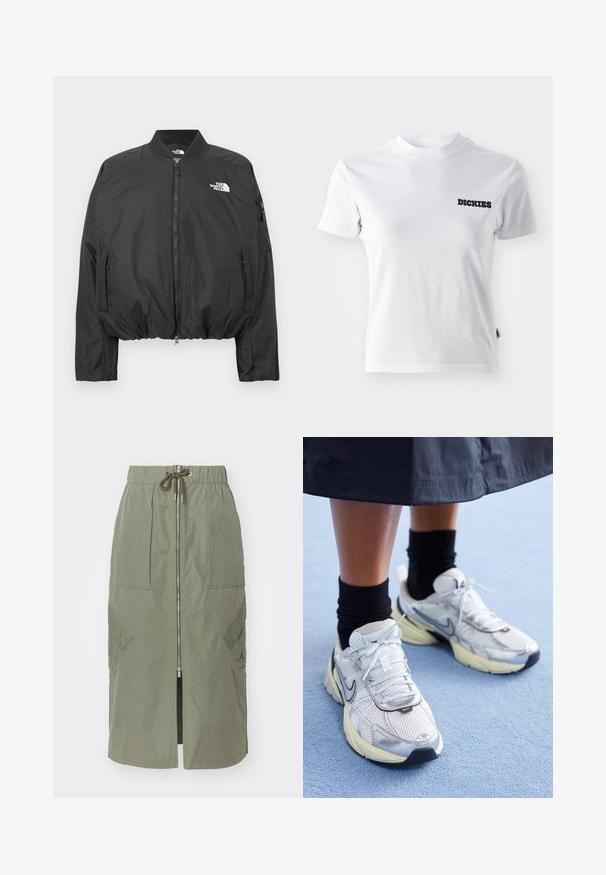 Sort bomberjakke med lynlås, ribbet krave og elastisk kant. Med logo på brystet og sidelommer med lynlås. Glat, let materiale.; Hvid kortærmet T-shirt lavet af bomuld med rund hals og sort "DICKIES" logo på venstre brystområde. Glat tekstur og tætsiddende design.; Oliven grøn midi-skjørt lavet af letvægtsstof, med en front lynlås, elastisk talje og store sidelommer med vinkelformede klapper.; Hvide og sølv Nike sneakers med mesh-stof, reflekterende detaljer og en beige sål. Bæres med sorte sokker og står på en blå overflade.