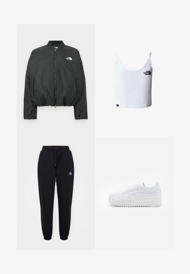 Sort bomberjakke med lynlås, ribbet krave og elastisk kant. Med logo på brystet og sidelommer med lynlås. Glat, let materiale.; Hvid croppet tanktop med tynde stropper, med The North Face-logo i sort på brystet og nær den nederste kant.; Sorte joggingbukser med elastisk talje og manchetter, snoretræk, sidelommer og lille hvid The North Face-logo på højre lår.; Hvide platform sneakers med en glat læderoverflade, perforerede detaljer og flade snørebånd; har en tyk hvid gummisål.