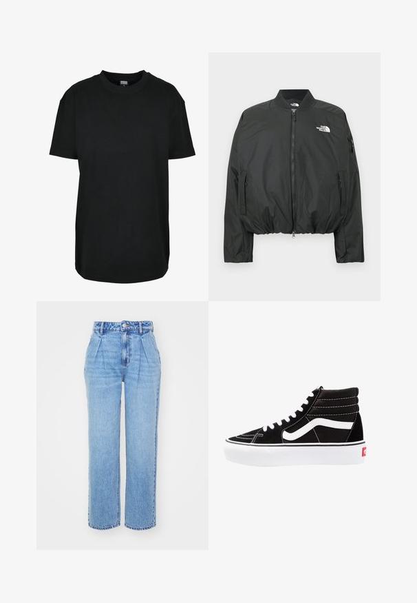 Veste bomber noire avec fermeture éclair, col côtelé et ourlet élastiqué. Logo sur la poitrine et poches latérales zippées. Matière lisse et légère.; T-shirt noir à manches courtes avec col rond en taille XS, avec étiquette "Urban Classics" à l'intérieur du col.; Jean en denim bleu clair avec une taille haute, une coupe large et des plis à l'avant. Présente une couture typique et une fermeture à bouton à la taille.; Baskets montantes noires avec des lacets blancs, un logo blanc et des coutures blanches contrastées. Dotées d'une épaisse semelle blanche et d'un dessus en daim texturé.