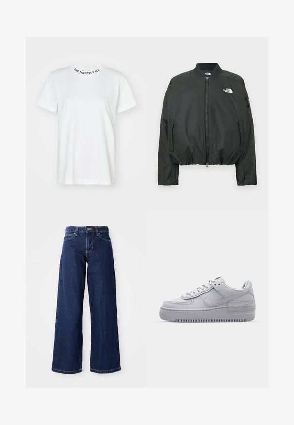 Čierna bomber bunda so zapínaním na zips, rebrovaným golierom a elastickým lemom. Obsahuje logo na hrudi a bočné vrecká na zips. Hladký, ľahký materiál.; Biela bavlnená tričko s okrúhlym výstrihom, na ktorom je čiernymi písmenami nápis "THE NORTH FACE". Krátke rukávy a voľný strih.; Tmavomodré široké džínsy vyrobené z denimu, s uzáverom na gombík a zips, pútkami na opasok a klasickým dizajnom s piatimi vreckami.; Šedé tenisky Nike Air Force 1 s perforovanou špičkou, hladkým koženým zvrškom, hrubou podrážkou a embosovaným detailom 'AIR' na päte.