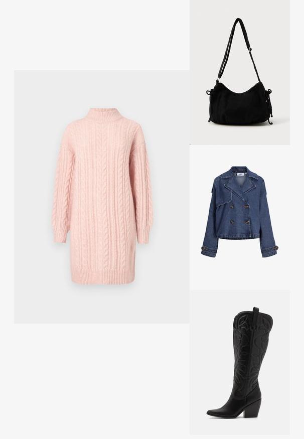 Donkerblauwe denim cropped double-breasted jas met brede revers, geknoopte schouderaccenten en geknoopte manchetten.; Zacht rozenkwarts kabel gebreide sweaterjurk met lange mouwen en een ribbel hals, zoom en manchetten op een witte achtergrond.; Zwarte leren kniehoge laarzen met puntige neus en gestapelde hak. Voorzien van decoratief stiksel en gebogen designelementen.; Zwarte corduroy schoudertas met een gebogen vorm, een verstelbare schouderband en trekkoordsluitingen aan beide zijkanten voor maataanpassing.