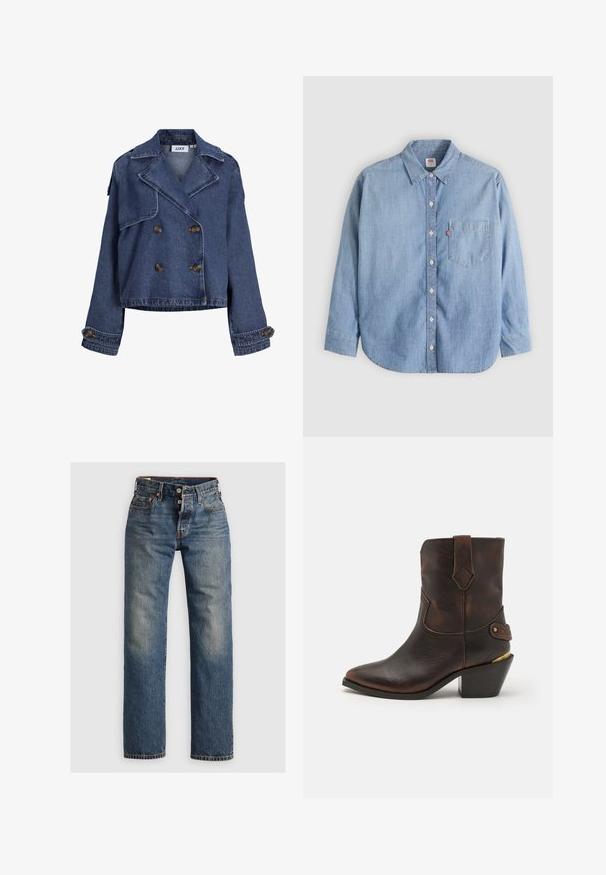 Dunkelblaue, kurz geschnittene Jeansjacke mit doppelreihiger Knopfleiste, breiten Revers, geknöpften Schulterakzenten und geknöpften Manschetten.; Hellblaues Jeanshemd mit Knopfleiste am Kragen, Brusttasche und langen Ärmeln. Verfügt über einen abgerundeten Saum und eine subtile Textur.; Blaue Denim-Jeans mit geradem Bein, ausgestattet mit sichtbaren Nähten, einem Reißverschluss und fünf Taschen. Ausgewaschene Stellen sorgen für Textur.; Braune Leder-Cowboystiefel mit spitzer Zehe und gestapeltem Absatz. Verfügt über ein dekoratives Diamantmuster und einen Riemen mit Hardware-Akzenten.