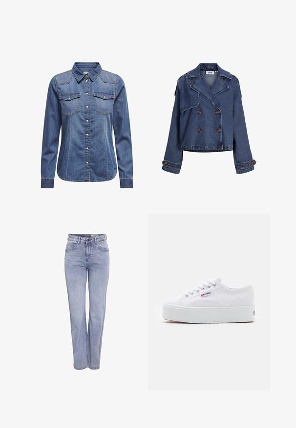 Mørkeblå denim dobbeltradet kort jakke med brede revers, knappede skulderdetaljer og knappede manchetter.; Denimskjorte i mørkeblå, med krave, lange ærmer, dobbelt brystlomme og kontrasterende syninger.; Lyseblå lige ben jeans lavet af denim, med knaplukning, fem lommer og subtil falming foran og bagpå.; Hvide canvas sneakers med en tyk hvid platformssål, rund tå og metaløjelets til snørebånd. Mærkets logo præsenteret på siden.