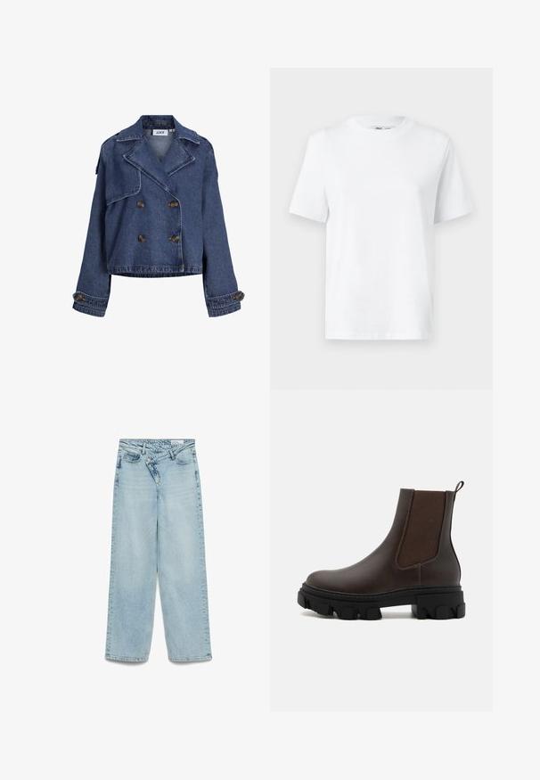 Veste courte en denim bleu foncé à double boutonnage avec larges revers, détails boutonnés aux épaules et poignets boutonnés.; T-shirt en coton blanc à col rond, avec des manches courtes et une texture lisse. Conçu avec une coupe décontractée pour plus de confort et de polyvalence.; Jean droit bleu clair en denim. Comprend une taille mi-haute, cinq poches et une fermeture éclair avec bouton.; Bottines Chelsea en cuir marron avec des panneaux latéraux élastiques, des accents en tissu texturé, une épaisse semelle en caoutchouc noir et une languette à l'arrière.
