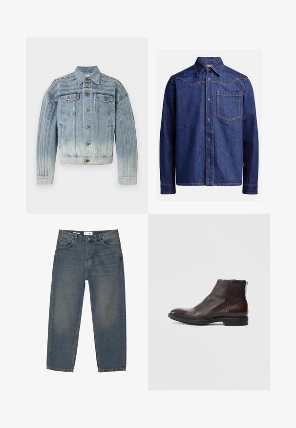 Lyseblå denimjakke med vertikal sømdetalje, knaplukning foran, to brystlommer med klapper og knapper og to sidelommer.; Mørkeblå denim skjorte med lange ærmer, spids krave, knaplukning, brystlomme og kontrast-orange syninger.; Blå denimjeans med en løs pasform, der har et klassisk fem-lomme design og minimal falming. Inkluderer en knaplukning og bæltestropper.; Mørkebrune læder ankelstøvler med lynlås i siden, sort sål med mønster og lav hæl, vist i profil mod hvid baggrund.