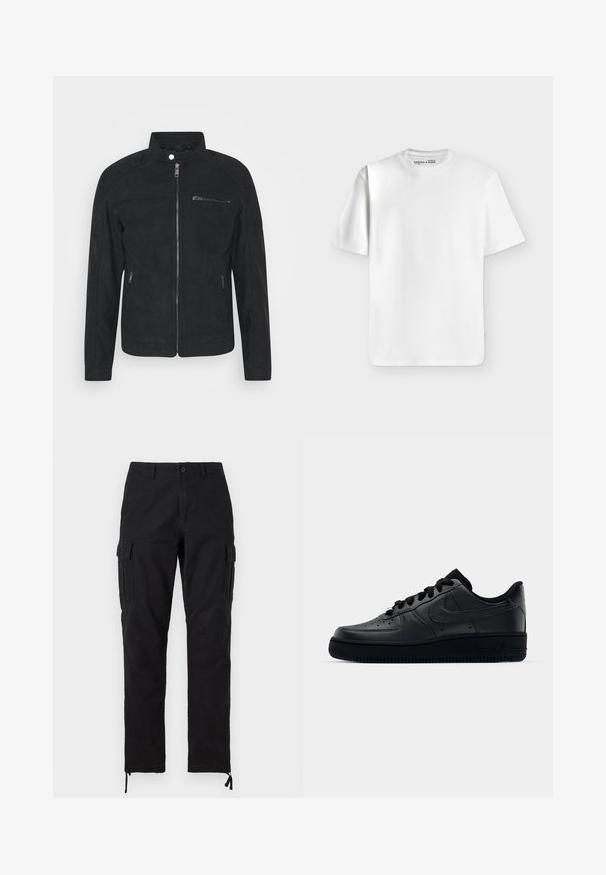 Veste en daim noire avec un col montant, fermeture éclair à l'avant et deux poches latérales. Texture lisse avec un design minimaliste et sans motifs visibles.; T-shirt blanc uni à manches courtes et col rond, posé à plat sur un fond gris clair avec une petite étiquette de marque à l’intérieur du col.; Pantalon cargo noir à jambe droite avec bouton et zip à l'avant, poches latérales à rabat, passants de ceinture, et cordons de serrage réglables aux chevilles.; Baskets Nike Air Force 1 noires avec un dessus en cuir lisse, bout perforé pour la respirabilité, lacets noirs et semelle en caoutchouc texturé.