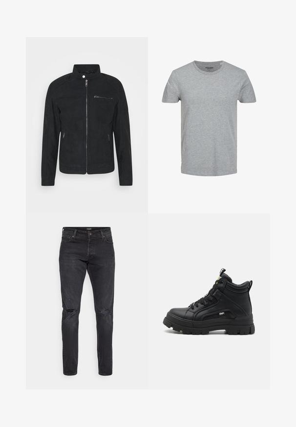 Schwarze Wildlederjacke mit Stehkragen, vorderem Reißverschluss und zwei Eingrifftaschen. Glatte Textur mit minimalistischem Design und ohne sichtbare Muster.; Grau T-Shirt mit kurzen Ärmeln aus weicher Baumwolle. Mit klassischem Rundhalsausschnitt und normaler Passform. Einfaches Design ohne Muster oder Akzente.; Jack & Jones JJIGLENN JJORIGINAL - Jeans Slim Fit - black denim; Schwarze hoch geschnittene Schuhe aus strukturiertem Leder, mit einer dicken Gummisohle, Schnürung vorne und einem kleinen Logodetail an der Seite.