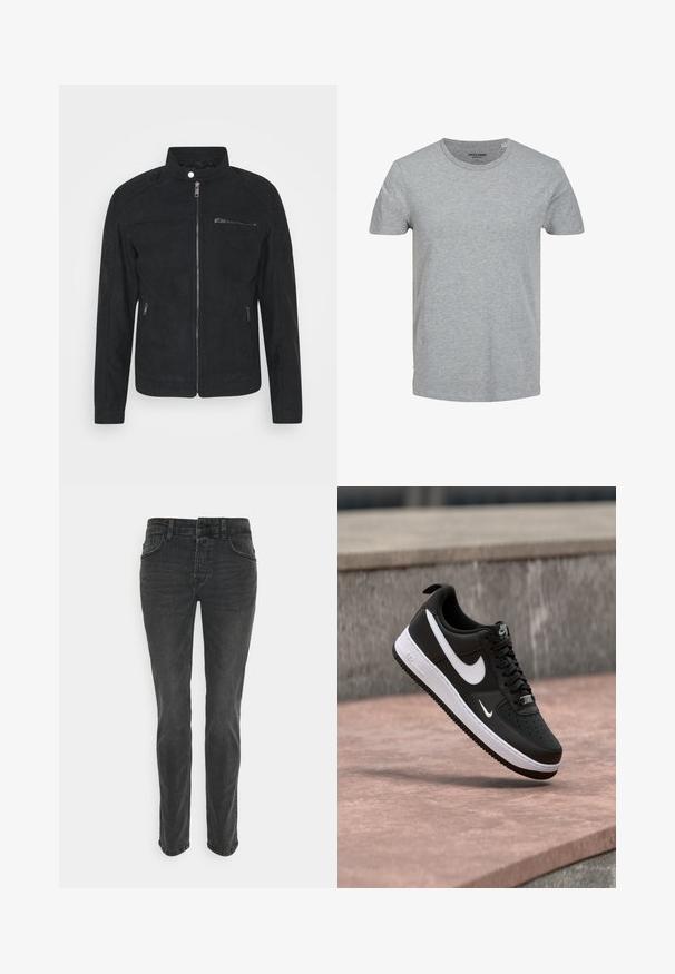 Sort ruskindsjakke med opretstående krave, frontlås og to sidelommer. Glat tekstur med minimalistisk design og ingen synlige mønstre.; Grå kortærmet T-shirt lavet af blød bomuld. Har en klassisk rund halsudskæring og en regulær pasform. Enkel design uden mønstre eller detaljer.; Sorte denim jeans med lige ben, fem lommer og diskret syning på sømmene. Stoffet har en glat, let tekstureret overflade.; Sort-hvid Nike Air Force 1 sneaker svævende over en lyserød betonflade med en grå stenbaggrund.
