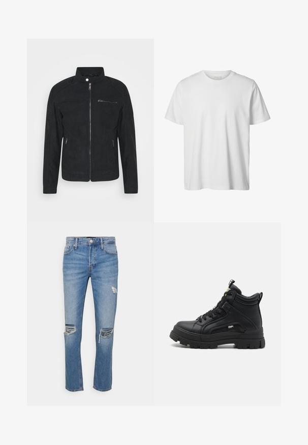 Zwarte suède jas met een staande kraag, een ritssluiting aan de voorkant en twee zijzakken. Glad materiaal met een minimalistisch ontwerp en zonder zichtbare patronen.; Eenvoudig wit T-shirt met korte mouwen en ronde hals, losse pasvorm en zonder zichtbare logo's of ontwerpen aan de voorkant.; Jack & Jones JJIMIKE JJORIGINAL - Relaxed fit jeans - blue denim; Zwarte hoge schoenen van gestructureerd leer, met een dikke rubberen zool, vetersluiting aan de voorkant en een klein logo detail aan de zijkant.