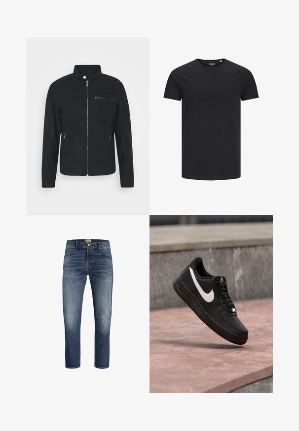 Zwarte suède jas met een staande kraag, een ritssluiting aan de voorkant en twee zijzakken. Glad materiaal met een minimalistisch ontwerp en zonder zichtbare patronen.; Zwarte katoenen T-shirt met een ronde hals, korte mouwen en een eenvoudig ontwerp. Soepele textuur, geen patronen of zichtbare hardware.; Donkerblauwe denim jeans met een rechte snit, vervaagde voorkant, vijf-pocket ontwerp en contrasterende stiksels. De zomen zijn iets opgerold.; Zwarte Nike Air Force 1 sneaker met wit swoosh-logo zwevend boven een stenen oppervlak en een grijze, getextureerde muur op de achtergrond.