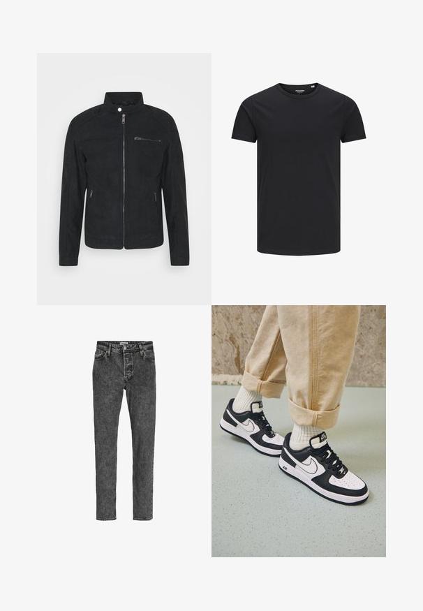 Schwarze Wildlederjacke mit Stehkragen, vorderem Reißverschluss und zwei Eingrifftaschen. Glatte Textur mit minimalistischem Design und ohne sichtbare Muster.; Schwarzes Baumwoll-T-Shirt mit Rundhalsausschnitt, kurzen Ärmeln und schlichtem Design. Glatte Textur, keine Muster oder sichtbare Beschläge.; Jack & Jones Relaxed Fit JJICHRIS JJORIGINAL SQ 734 - Jeans Tapered Fit - black denim; Schwarz-weiße Nike Air Force 1 Sneaker mit einem Obermaterial aus Leder, perforierter Zehenpartie und strukturiertem Sohlendesign, getragen mit aufgerollten beigen Hosen und weißen Socken.