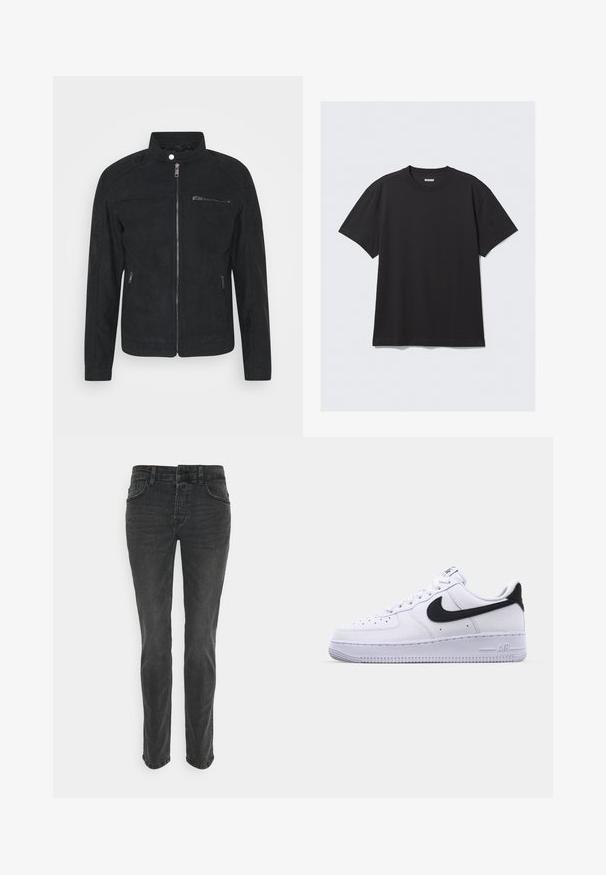 Veste en daim noire avec un col montant, fermeture éclair à l'avant et deux poches latérales. Texture lisse avec un design minimaliste et sans motifs visibles.; T-shirt noir à manches courtes en coton. Il présente un col rond et une coupe décontractée. Design simple sans motifs ni accents visibles.; Jeans en denim noir avec une coupe droite, cinq poches et des coutures discrètes. Le tissu a une finition lisse et légèrement texturée.; Sneaker en cuir blanc avec un Swoosh noir texturé, des lacets plats et une semelle en caoutchouc avec un motif strié. "AIR" est embossé sur le talon.