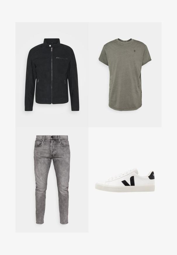 Chaqueta de ante negra con cuello alzado, cierre frontal con cremallera y dos bolsillos laterales. Textura suave con diseño minimalista y sin patrones visibles.; G-STAR LASH - Camiseta básica - GREY; Jeans de mezclilla gris con un ajuste slim, que cuentan con bolsillos frontales, un cierre de botón metálico y un desgastado sutil en toda la tela.; Zapatilla de cuero blanca con acentos de ante negro; presenta una suela de goma, puntera redonda y un diseño clásico de cordones. Logo lateral en negro.