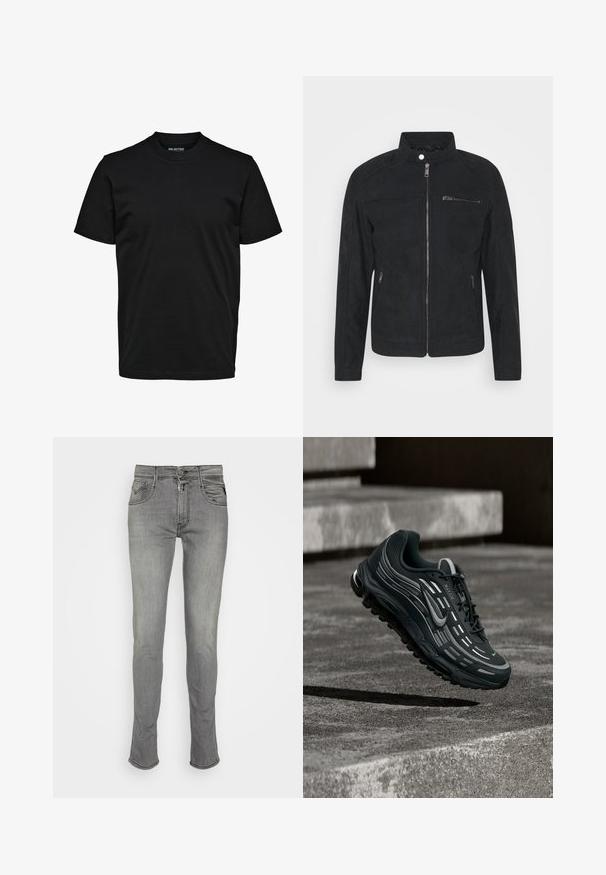 Sort ruskindsjakke med opretstående krave, frontlås og to sidelommer. Glat tekstur med minimalistisk design og ingen synlige mønstre.; Simpel sort T-shirt med korte ærmer, rund hals og almindelig pasform uden synlige mønstre eller logoer.; Grå denim jeans med slim fit, der har forlommer, bæltestropper og knaplukning. Subtile syningsdetaljer ved sømmene.; Sort og grå Nike Air Max sneaker, der flyder over grå betontrin med tekstureret jordbaggrund.