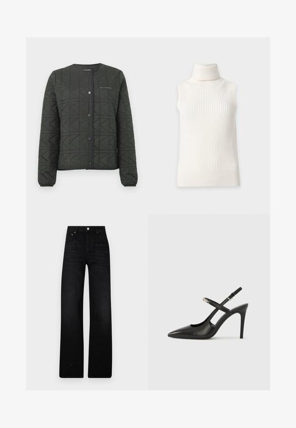 Gesteppte olivgrüne Jacke mit rundem Halsausschnitt, Druckknöpfen und einem strukturierten geometrischen Muster. Verfügt über elastische Bündchen und Saum.; Ärmelloser weißer gerippter Rollkragenpullover mit dickem Kragen und strukturiertem Stoff, dargestellt auf einfachem hellen Hintergrund.; Schwarze weit geschnittene Jeans aus Denim. Mit hoher Taille, zwei Fronttaschen und Metallenverschluss. Strukturiertes Finish mit minimaler Ausbleichung.; Schwarze Slingback-Pumps aus Leder mit spitz zulaufender Spitze, Cut-Out-Design und verstellbarem Riemen mit metallischem Beschlag.