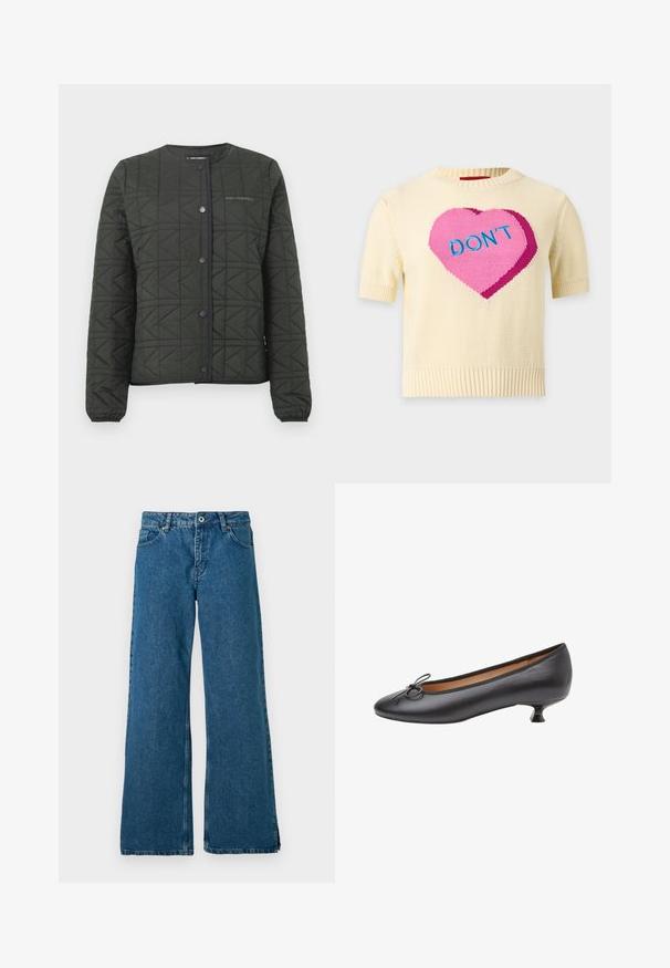 Chaqueta acolchada de color verde oliva con cuello redondo, botones a presión y un patrón geométrico texturizado. Cuenta con puños y dobladillo elásticos.; Jersey de punto crema de manga corta con un gran corazón rosa y la palabra "DON'T" en letras azules en la parte delantera.; Jeans de mezclilla azul de pernera ancha con un diseño clásico de cinco bolsillos, que cuentan con un cierre frontal de botón y cremallera, y una sutil textura deslavada.; Zapato de cuero negro con punta redonda, ribete elástico, pequeño lazo decorativo y tacón bajo estilo kitten. Textura suave y diseño elegante.