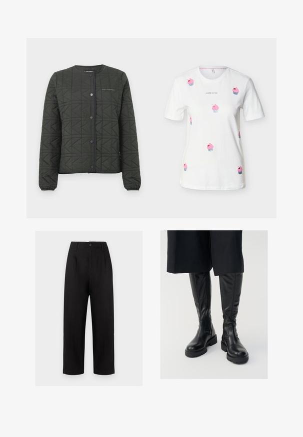 Gesteppte olivgrüne Jacke mit rundem Halsausschnitt, Druckknöpfen und einem strukturierten geometrischen Muster. Verfügt über elastische Bündchen und Saum.; Weißes T-Shirt mit kurzen Ärmeln, bedruckt mit pinkfarbenen Cupcakes und dem Text "CHERRY ON TOP" in der Brustmitte.; Schwarze, hoch taillierte Weite-Hosen mit Gürtelschlaufen, vorderem Knopf- und Reißverschluss vor hellem Hintergrund.; Schwarze kniehohe Stiefel aus Leder mit glatter Textur, stabilen Sohlen und seitlichen Reißverschlüssen. Das Design weist dezente Nahtdetails auf.