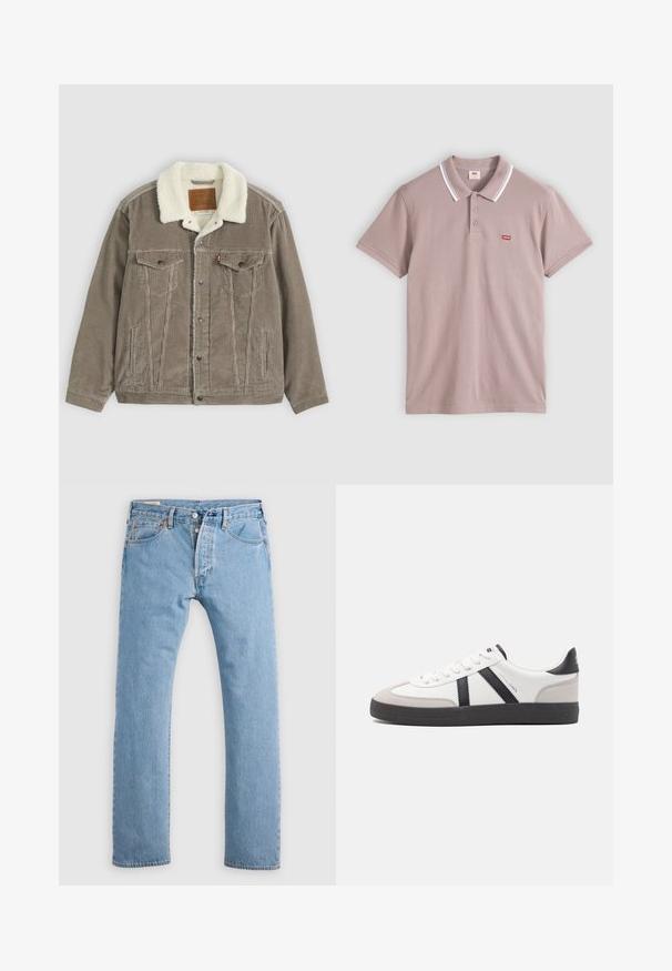 Veste en velours côtelé marron avec col en polaire blanche, fermeture à boutons sur le devant, deux poches poitrine à rabats et poches latérales passepoilées.; Polo à manches courtes mauve clair avec trois boutons, double rayures blanches sur le col et petit logo rouge Levi's sur la poitrine.; Jean en denim droit bleu clair avec fermeture à boutons, passants de ceinture, et poches avant et arrière, présenté sur un fond blanc.; Baskets blanches avec des accents noirs et gris, présentant un embout texturé gris, une semelle en caoutchouc noir et des lacets plats blancs. Design épuré, style minimaliste.