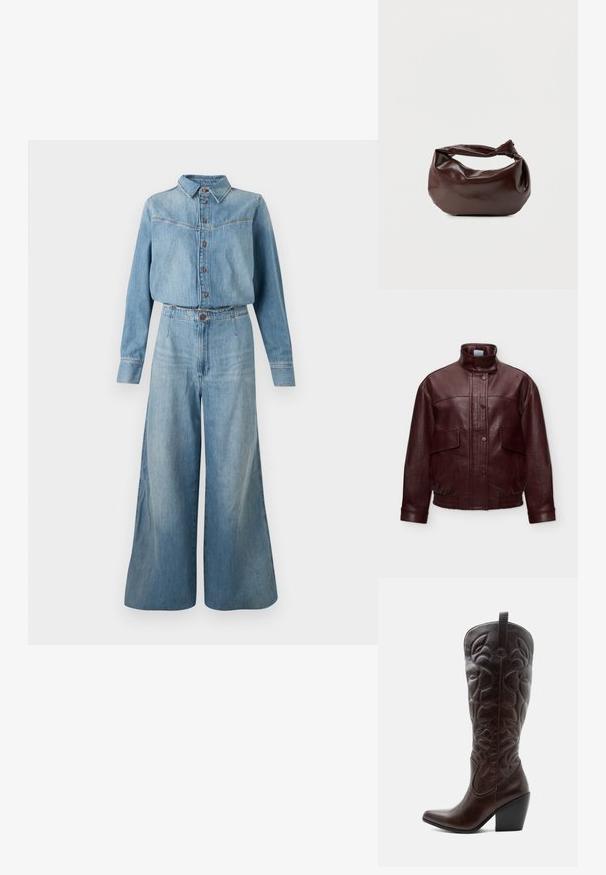 Mørkebrun læderjakke med høj krave, frontknapper med trykknap, klappelommer og elastisk kant og manchetter, vist mod en ensfarvet baggrund.; Denimskjorte og jumpsuit med vide ben i lys blå. Har krave, knaplukning, lange ærmer og en bælte i taljen for pasform.; Høj mørkebrun læder cowboystøvle med syede dekorative mønstre, spids tå og stablet blokhæle.; Mørkebrun læder skuldertaske med en blød, afslappet form og et snoet knudehåndtag på en ensartet hvid baggrund.