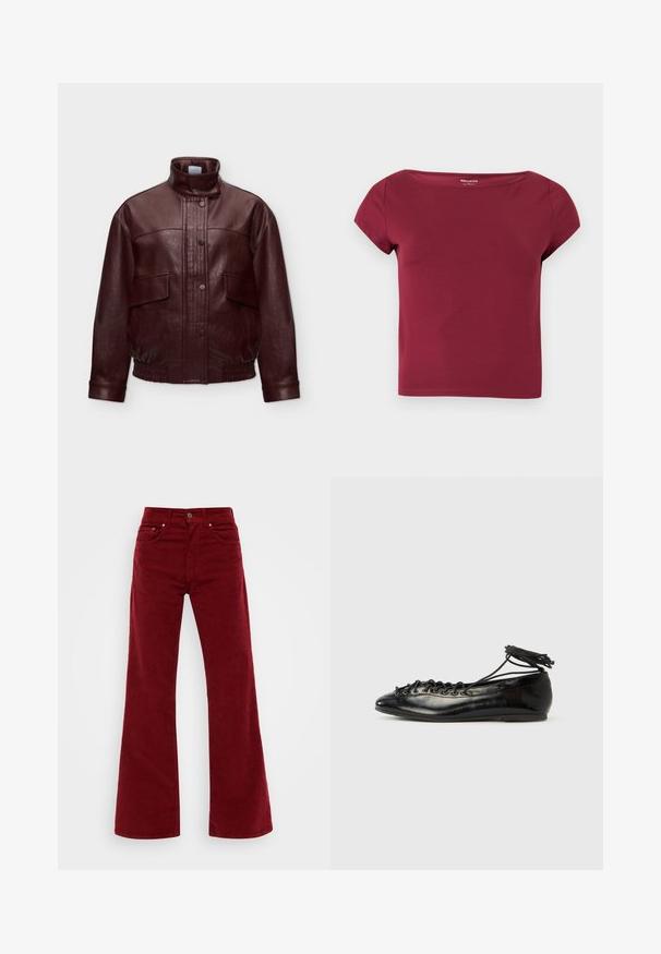 Veste en cuir marron foncé avec col montant, boutons-pression à l'avant, poches à rabat et ourlets et poignets élastiqués, présentée sur un fond uni.; Haut court à manches courtes, de couleur bordeaux unie, avec un large décolleté et un tissu lisse, présenté sur un fond clair uni.; Jean en velours côtelé bordeaux évasé avec taille haute, cinq poches et fermeture à bouton sur le devant. Texture douce avec jambes larges.; Ballerines en cuir verni noir avec un bout rond, un design à lacets et une semelle plate. Texture lisse avec peu de détails.