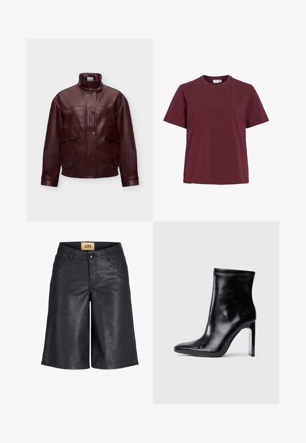 Chaqueta de cuero marrón oscuro con cuello alto, botones automáticos delanteros, bolsillos con solapa y dobladillo y puños elásticos, presentada sobre un fondo liso.; Camiseta lisa de manga corta con cuello redondo en color burdeos oscuro sólido, mostrada sobre un fondo blanco sin patrones ni logotipos.; Pantalones cortos hasta la rodilla de cuero sintético negro con botón frontal, trabillas para cinturón y etiqueta JJXX en la cintura interior.; Botín de cuero negro hasta el tobillo con punta afilada y tacón transparente alto. Textura suave y detalles mínimos de costura en la parte superior.