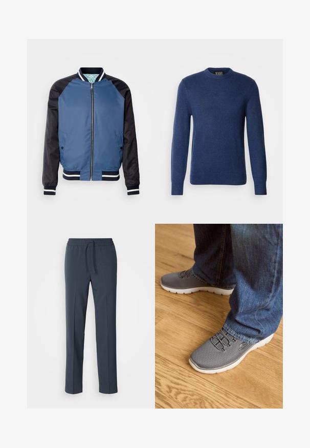 Blaue Bomberjacke mit dunkelblauen Ärmeln, gerippten Bündchen und einem zweifarbigen Design. Verfügt über einen Front-Reißverschluss und zwei Seitentaschen. Glatte Textur.; Scotch & Soda REGULAR FIT CREW NECK - Strickpullover - insignia blue; Marineblaue, leichte Hose mit Kordelzugbund, geraden Beinen und glatter Textur. Keine Muster oder Verzierungen sichtbar.; Graue Sportschuhe mit einem Mesh-Obermaterial, weißer Sohle und elastischen Schnürsenkeln. Kombiniert mit blauen Jeans auf einem Holzboden.