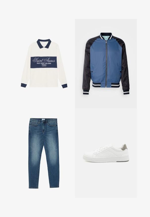 Veste bomber bleue avec manches navy, poignets côtelés et un design bicolore. Elle est dotée d'une fermeture éclair à l'avant et de deux poches latérales. Texture lisse.; Polo à manches longues, crème et marine, en mélange de coton. Présente une bande marine avec du texte blanc et un col classique avec finition marine.; Jean en denim bleu moyen avec un délavage léger, design à cinq poches, coupe droite et accents cousus. Fermeture par bouton et zip.; Basket blanche en cuir lisse, à bout arrondi, design minimaliste, accent de talon gris et semelle en caoutchouc texturé.