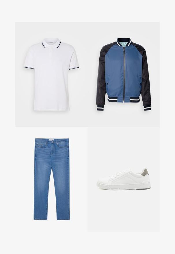 Veste bomber bleue avec manches navy, poignets côtelés et un design bicolore. Elle est dotée d'une fermeture éclair à l'avant et de deux poches latérales. Texture lisse.; Polo shirt blanc en coton avec col, patte de boutonnage à trois boutons et accents rayés bleu marine et blanc sur les manches.; Jeans en denim bleu clair avec une coupe droite, design à cinq poches, décoloration subtile et accents en métal au niveau de la taille et des poches.; Basket blanche en cuir lisse, à bout arrondi, design minimaliste, accent de talon gris et semelle en caoutchouc texturé.