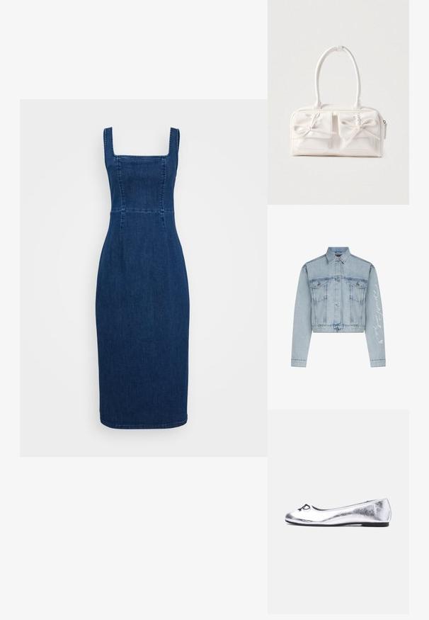 Lyseblå denimcropped jakke med knaplukning foran, to brystlommer og lange ærmer, der har hvid broderet tekst på det ene arm.; Mørkeblå denimkjole med firkantet udskæring, tætsiddende liv og blyantsilhuet. Har sømme og en knælængde kant.; Sølvmetallic balletflat med en lille sort sløjfe på den runde tå og en lav sort sål.; Hvid syntetisk håndtaske med to forlommer, hver med en bundet sløjfedetalje. Glat tekstur, afrundede håndtag og lynlås lukning.