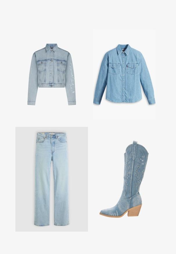 Lyseblå denimcropped jakke med knaplukning foran, to brystlommer og lange ærmer, der har hvid broderet tekst på det ene arm.; Lyseblå denimskjorte med lange ærmer, spidse krave, to brystlommer, knaplukning og subtil tekstur. Ingen synlige mønstre.; Lysblå denim jeans med lige ben, der har fem lommer, en klassisk lynlås og synlige stikninger.; Denim cowboy støvle, lys blå, spidse tæer, udskårne detaljer med trekantede former, lav skridttabel, tekstureret finish.