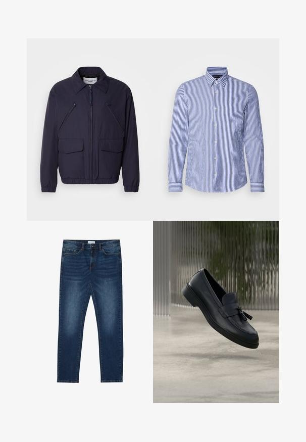 Veste bleu marine avec fermeture éclair à l'avant, col pointu, deux grandes poches frontales et deux poches zippées en biais sur la poitrine. Fabriquée en matériau lisse et léger.; Chemise à manches longues à rayures bleues et blanches, confectionnée en coton tissé, avec un col classique et un ourlet arrondi. Boutons en nacre.; Jean slim-fit bleu foncé avec des détails délavés, design classique à cinq poches, fermeture à bouton et passants de ceinture.; Mocassins en cuir noir avec une texture lisse, un bout arrondi et des pampilles décoratives à l'avant. Semelle en caoutchouc flexible avec un petit talon.