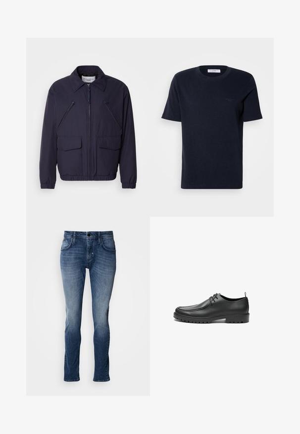 Chaqueta azul marino con cremallera frontal, collar puntiagudo, dos grandes bolsillos frontales y dos bolsillos con cremallera en el pecho en ángulo. Fabricada con un material suave y ligero.; Camiseta de algodón azul marino con mangas cortas, cuello redondo y pequeño detalle de logotipo en el pecho. Textura lisa, ajuste clásico.; Jeans de mezclilla azul con acabado desgastado, diseño de cinco bolsillos, corte recto y detalles de costura. Cierre sencillo con botón y cremallera.; Zapatos de cuero negro con un acabado suave, punta redondeada y costuras decorativas. Cuenta con una suela de goma con surcos para tracción y un diseño de cordones.