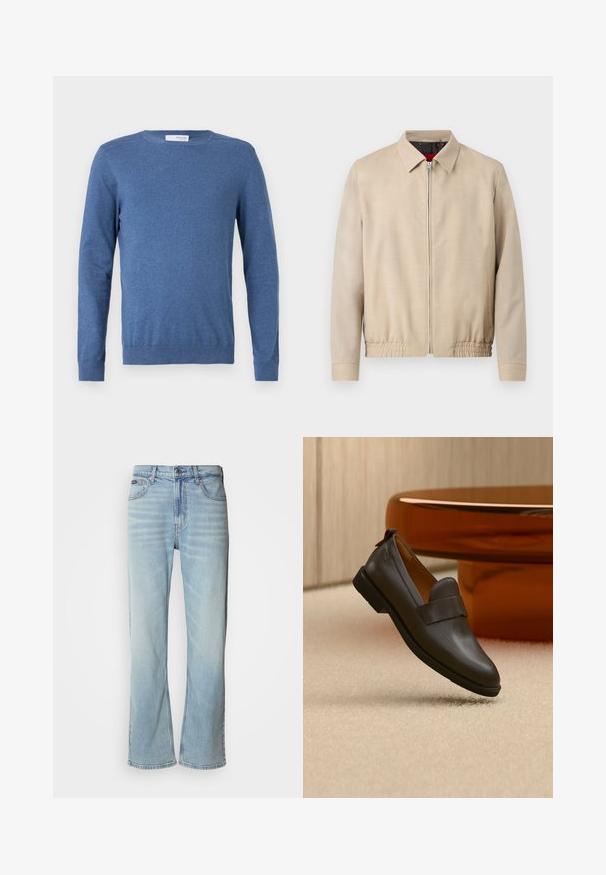 Veste légère beige pour homme avec fermeture éclair sur le devant, col pointu, manches longues, ourlet élastique et poches latérales.; Pull bleu à manches longues en tissu doux. Il présente un col ras du cou, des poignets côtelés et une coupe ajustée sans motifs ni détails supplémentaires.; Jeans en denim bleu clair avec une coupe droite, dotés de cinq poches, d'une fermeture à bouton et d'une légère décoloration sur le tissu.; Mocassin en cuir marron foncé avec un petit talon flottant au-dessus d'un tapis beige, à côté d'une table brillante, arrondie et de couleur ambre.