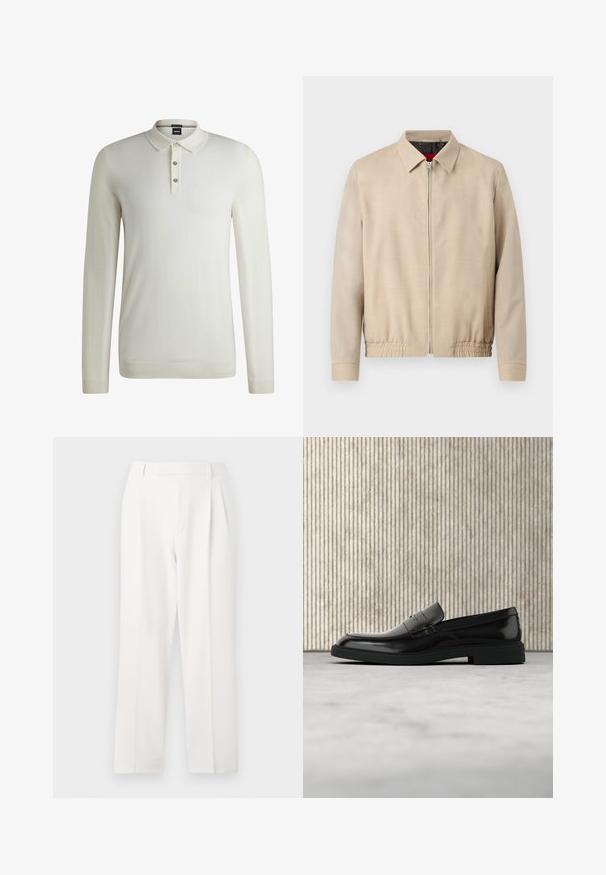Chaqueta ligera para hombre en color beige con cierre frontal de cremallera, cuello puntiagudo, mangas largas, dobladillo elástico y bolsillos laterales.; BOSS LANCIONE - Jersey de punto - open white eleven; Pantalones blancos a medida con un diseño de pierna recta, que presentan pliegues, un frente plano y una textura de tela suave. Sin bolsillos o adornos visibles.; Zapato loafer de cuero negro pulido flotando sobre una alfombra beige con muebles translúcidos naranjas de fondo.