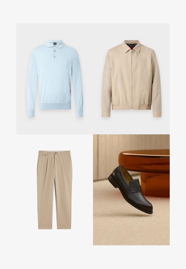 Beige herrelet jakke i letvægtsmateriale med lynlås foran, spids krave, lange ærmer, elastisk kant og sidelommer.; Lyseblå pullover med lange ærmer, en flad krave og en lukning med tre knapper. Fremstillet af blødt materiale med en tætsiddende pasform og ribbet kant.; Beige bukser med lige ben, bæltestropper, knaplukning og lynlås foran, sidelommer og plisseret detalje nær taljen.; Sort læder loafers med lav hæl svævende over beige tæppe ved rundt brunt bord.